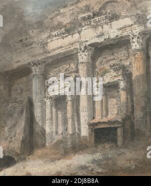 Façade de ruiné (?) Temple romain, avec colonnes et porte, Heneage Finch quatrième comte d'Aylesford, 1751–1812, britannique, après 1771, aquarelle et graphite, verso : lavage bleu sur papier de couleur moyenne, légèrement texturé, beige, feuille : 9 1/4 × 8 pouces (23.5 × 20.3 cm), sujet architectural, colonnes, Grand Tour, romain (style ou période), ruines, temple, Rome Banque D'Images