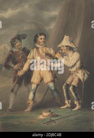 Fluellen forçant Pistol à manger son Leek, artiste inconnu, auparavant Robert Smirke, 1752–1845, Britannique, non daté, aquarelle, gouache, et graphite sur papier de vélin beige légèrement épais, légèrement texturé, support: 14 × 10 1/8 pouces (35.6 × 25.7 cm) et feuille: 13 3/8 × 9 1/2 pouces (34 × 24.1 cm), Forces armées, armée, ceintures, bottes, culottes, casquette, clubs, blattes, cols, doublets, manger, nourriture, chapeaux, Henry V, ACT V, scène I, Henry V, pièce de William Shakespeare, poireaux, thème littéraire, hommes, pièce de théâtre, pièces de William Shakespeare, panache, vengeance, ruff, chaussures, soldats, bas, épées, tentes Banque D'Images