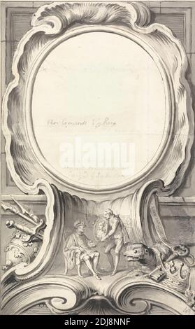 Dessin pour une cartouche ornementale : Portrait gravé de Thomas Cromwell, comte d'Essex (1485?-1540), Hubert-François Gravelot, 1699–1773, français, actif en Grande-Bretagne (1733–45), non daté, lavage gris avec stylo à encre grise, noire et brune, et graphite sur papier vélin moyen, légèrement texturé, blanc, feuille : 14 3/8 x 8 7/8 pouces (36.5 x 22.5 cm), Cartouche, chaise - bras, couronne, figures (illustrations), genre sujet, clé, hommes, ordre du Garter, ornement, portrait, assis, debout (posture dans le culte), épée Banque D'Images