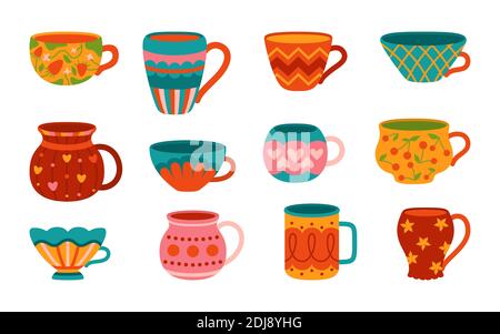 Tasse avec thé ou café style dessin animé. Collection Flat Modern coloré. Décoration différente. Vaisselle à la main, jolie et tendance, boisson à la main. Illustration vectorielle isolée Illustration de Vecteur