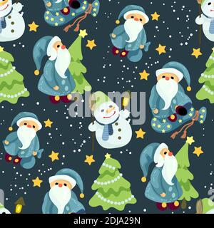 Motif de Noël sans couture avec motif vectoriel et jolis Santas and bonhommes de neige avec étoiles et épinettes Illustration de Vecteur