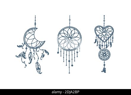 Boho dreamcapchers avec plumes et flèche. Ensemble de rêveurs en forme de croissant de lune, de cœur et de cercle. Illustration vectorielle dans doodle Illustration de Vecteur