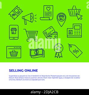 Bannière de vente en ligne avec icônes en style ligne. Poster de commerce mobile avec place pour le texte. Illustration vectorielle. Illustration de Vecteur