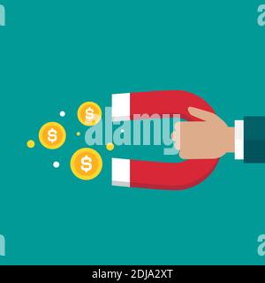 Main avec aimant en fer à cheval rouge et pièces de monnaie. Homme d'affaires attirant de l'argent, clients, succès d'investissement. Illustration vectorielle plate sur fond bleu Illustration de Vecteur
