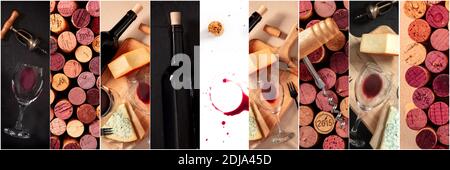 Modèle de conception Collage de vin. Un panorama de nombreuses photos de verres de vin, et de bouchons, un design pour une bannière de domaine ou un prospectus de magasin Banque D'Images