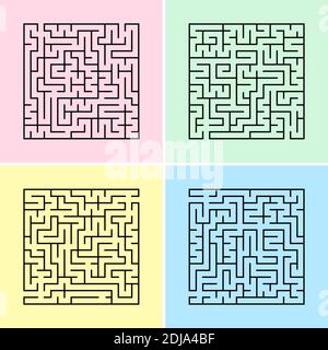Un labyrinthe carré avec une entrée et une sortie. Un ensemble de quatre options. Illustration vectorielle plate simple isolée sur un arrière-plan coloré Illustration de Vecteur