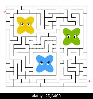 Un labyrinthe carré. Collectez tous les fée et trouvez une issue du labyrinthe. Illustration vectorielle isolée plate simple Illustration de Vecteur