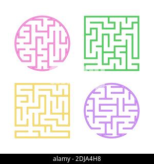 Un ensemble de labyrinthe de couleurs pour les enfants. Un labyrinthe rond carré. Illustration vectorielle plate simple isolée sur fond blanc Illustration de Vecteur