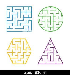 Un ensemble de labyrinthe de couleurs pour les enfants. Un carré, un cercle, un hexagone, un triangle. Illustration vectorielle plate simple isolée sur fond blanc Illustration de Vecteur