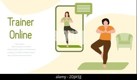 Illustration vectorielle entraînement avec un entraîneur en ligne entraînement sportif À la maison activités sportives en ligne Santé Active style de vie Yoga pour tout le monde Illustration de Vecteur