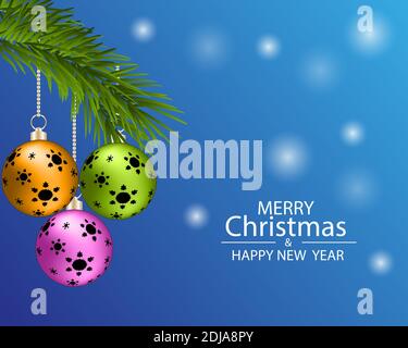 Illustration vectorielle branche arbre de Noël avec ornements de noël suspendus et guirlande et le texte de voeux - Noël joyeux - et Bonne Année. Illustration de Vecteur