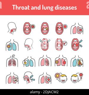 Jeu d'icônes de couleur pour les maladies de la gorge et des poumons. Pictogrammes pour la page Web, l'application mobile, la promotion. Illustration de Vecteur