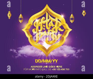 3D vector or brillant Iftar Party text dans un cadre lumineux sur fond violet. Carte d'invitation élégante Iftar Party Illustration de Vecteur