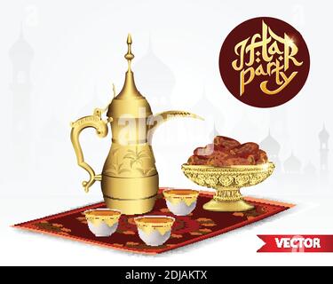 Nourriture de fête iftar avec théière arabe classique et tasse, bol de dattes isolé sur fond blanc. illustration vectorielle 3d Illustration de Vecteur