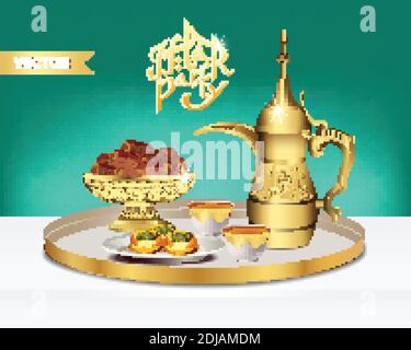 Ensemble de thé arabe avec un bol de dattes. Nourriture de fête de l'iftar de Ramadan. illustration vectorielle 3d Illustration de Vecteur