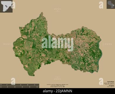 Canindeyu, département du Paraguay. Imagerie satellite Sentinel-2. Forme isolée sur un arrière-plan solide avec des superpositions informatives. Contient le COPER modifié Banque D'Images