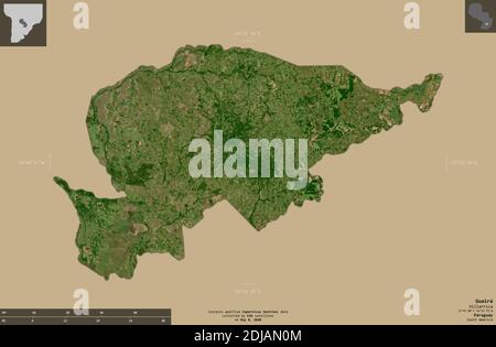 Guaira, département du Paraguay. Imagerie satellite Sentinel-2. Forme isolée sur un arrière-plan solide avec des superpositions informatives. Contient Copernic modifié Banque D'Images