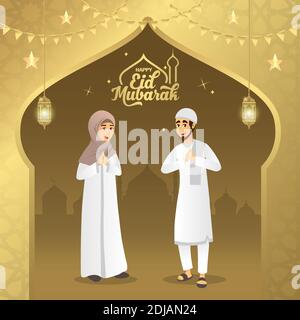 Carte de vœux EID mubarak. Dessin animé couple musulman bénédiction Eid al fitr sur fond d'or. Illustration vectorielle Illustration de Vecteur