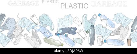 Différents types de déchets en plastique. Pinceau à motif sans couture. Le concept de l'écologie et la Journée mondiale de nettoyage. Illustration de Vecteur