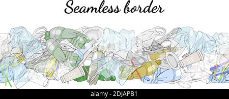 Différents types de déchets en plastique. Pinceau à motif sans couture. Le concept de l'écologie et la Journée mondiale de nettoyage. Illustration de Vecteur