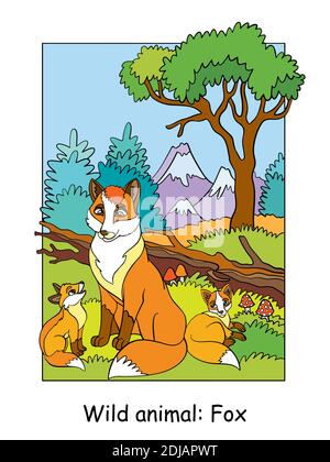 Illustration vectorielle colorée avec maman renard mignonne et petits dans la région de montagne. Illustration de contour de dessin animé. Illustration de stock pour livre de coloriage, preschoo Illustration de Vecteur