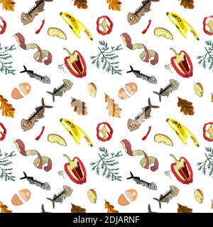 Motif sans couture avec déchets organiques triés isolés sur fond blanc. Partie 4 de la collecte séparée des débris. Ensemble de déchets vectorisés à la main. Conce Illustration de Vecteur