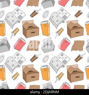 Motif transparent avec des déchets de papier triés isolés sur fond blanc. Partie 1 de la collecte séparée des débris. Ensemble de déchets vectorisés à la main. Concept Illustration de Vecteur