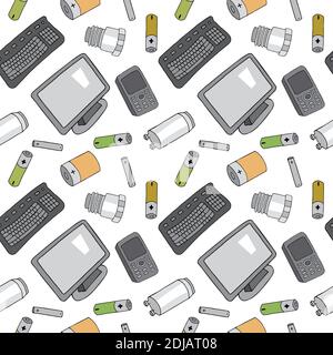 Motif sans couture avec déchets électroniques triés isolés sur fond blanc. Partie 1 de la collecte séparée des débris. Ensemble de déchets vectorisés à la main. Conce Illustration de Vecteur