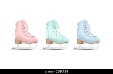 Patins à glace de couleur vierge avec maquette de lame et de dentelle, isolé, rendu 3d. Maquette d'équipement de patinage sur glace rose, vert et bleu vide, vue latérale. Effacer f Banque D'Images