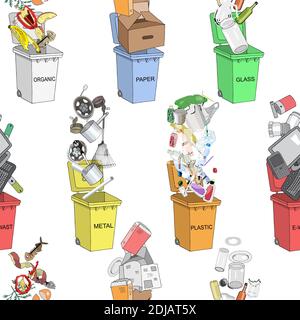 Motif sans couture. Poubelles avec ensemble de déchets triés. Différents types de déchets - organique, plastique, métal, papier, verre, E-déchets. Illustration de Vecteur