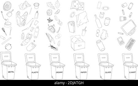 Poubelles avec ensemble de déchets triés. Différents types de déchets - organique, plastique, métal, papier, verre, E-déchets. Collection vectorielle de poubelles. Illustration de Vecteur