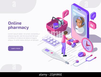 Bannière isométrique de pharmacie en ligne avec sac à provisions, comprimés, apothicaire. Le pharmacien aide le patient via l'application smartphone sur un appareil mobile. Concept de télésanté, de soins de santé ou de services de soutien médical Illustration de Vecteur