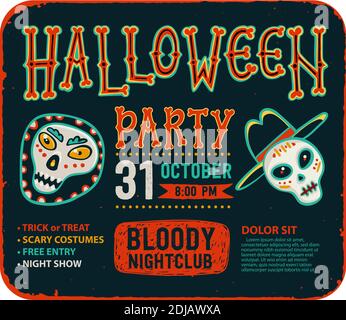 Invitation à la soirée Halloween. Carte vintage avec crânes. Modèle vectoriel. Carte d'invitation pour Halloween. Circulaire avec texte fête d'Halloween sur un Illustration de Vecteur