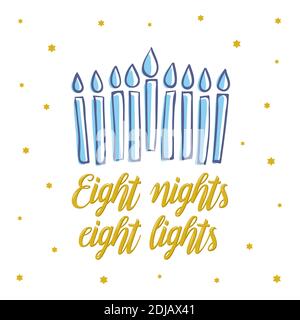 Happy Hanoukkah, huit nuits huit lumières lettrage or. Modèle élégant de carte de vœux de fête juive avec menorah. Prospectus, affiche, bannière, fête inv Illustration de Vecteur