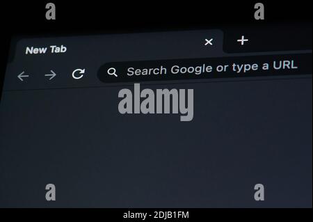 New york, Etats-Unis - 14 décembre 2020: Nouvel onglet dans le navigateur google chrome sur l'écran de l'ordinateur portable macro vue rapprochée Banque D'Images