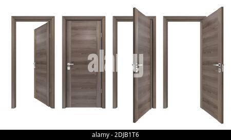 Ensemble moderne de portes en bois massif avec texture en chêne gris haute résolution. Rendu 3D de style minimaliste bois brun fermé, ouvert à l'intérieur, à l'extérieur de la porte Banque D'Images