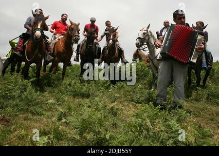 Les habitants chantent dans les montagnes pendant la Rapa das Bestas à proximité du village de Sabucedo en Galice, en Espagne. Les chevaux galiciens vivent gratuitement dans les pâturages des hautes terres tout au long de l'année. Un jour de juillet, six cents chevaux sont conduits ensemble jusqu'au village, où le festival traditionnel de la course de chevaux connu sous le nom de Rapa das Bestas (la tonte des bêtes) a lieu dans l'arène ronde connue sous le nom de curro. Les courageux combattants locaux, connus sous le nom d'aloitadores, doivent faire selle à chaque cheval, se moquent après le déplacement soudain des hautes terres à l'arène, puis couper leurs queues et leurs lamanes. Banque D'Images