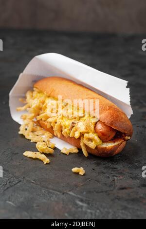 Hot dog avec les oignons les plus croquants collations santé pour le déjeuner à emporter. Le menu concept fast food . Espace de copie, mise au point sélective. Verticale Banque D'Images