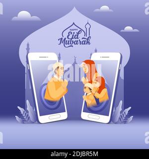 Carte de vœux EID mubarak. Père parlant à la famille à l'aide d'un téléphone cellulaire appel vidéo. Communication en ligne pendant la pandémie Covid-19 Illustration de Vecteur