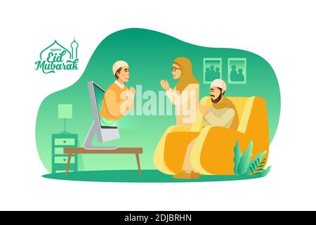 Carte de salutation EID mubarak. homme musulman bénédiction d'Eid mubarak aux parents par le biais d'écrans d'ordinateur utilisant l'application de vidéoconférence pendant la pandémie de Covid-19 Illustration de Vecteur