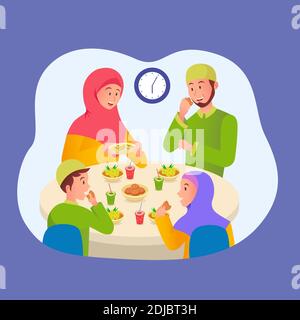 Famille musulmane manger de l'iftar après le jeûne dans le ramadan. Réunion de famille manger un dîner sur le Ramadan Illustration de Vecteur