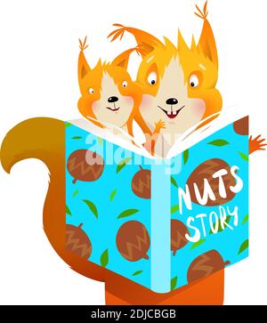 Soin Squirrel maman lisant le livre d'histoire à son enfant Illustration de Vecteur