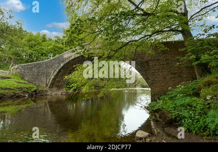 Pont Ivelet enjambant la rivière Swale à Springtime, avec des arbres débordant dans le ciel bleu et en feuilles. Ivelet est un petit hameau du Yorkshire Dales Banque D'Images