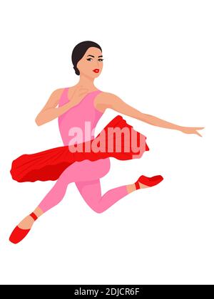 Ballerine élégante en rouge et rose robe tutu en saut, main dessin vecteur, isolé sur le fond blanc Illustration de Vecteur