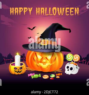 arrière-plan happy halloween avec jack o lanterne en chapeau de sorcière et bonbons halloween. illustration vectorielle pour carte happy halloween, prospectus, bannière et post Illustration de Vecteur