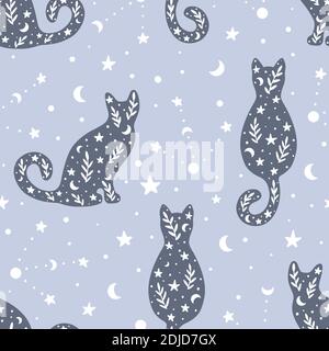 Joli motif sans couture dessiné à la main avec des chats et des éléments célestes de style bohème. Illustration vectorielle de style scandinave dessinée à la main. Illustration de Vecteur