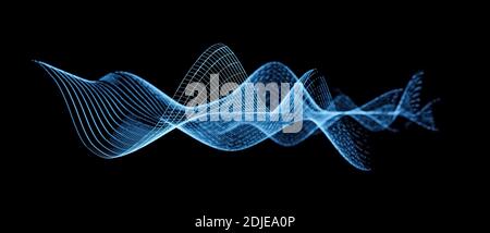 Structure abstraite de grille filaire à onde bleue avec fond noir, ondes sonores, ondes sonores, concept audio, scientifique ou de données, rendu 3d cgi Banque D'Images