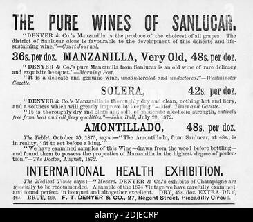 1886, publicité imprimée sur le vin du xixe siècle. Histoire de la publicité, commerce du vin victorien britannique. Banque D'Images