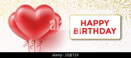 Carte de vœux d'anniversaire avec ballons en forme de coeur rouge et paillettes dorées. Bannière horizontale pour la célébration de l'anniversaire, avec message de vœux Joyeux anniversaire. Illustration de Vecteur