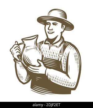 Fermier avec un pot de lait. Schéma d'agriculture vecteur vintage Illustration de Vecteur